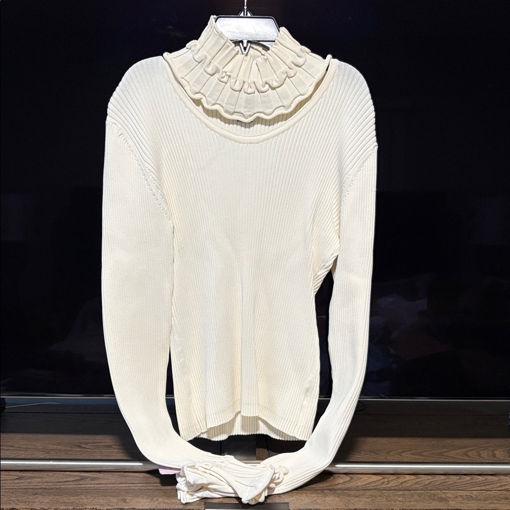 DEBBIE SHUCHAT Chic Ivory Long Sleeve Women's Top with Ruffled Mock Neck